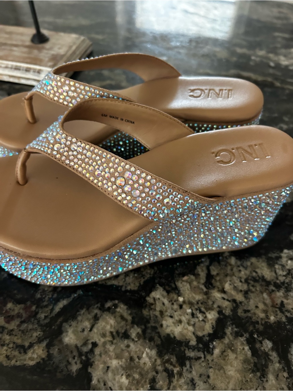 INC International Concepts Tan Rhinestone Wedge Thong Sandals